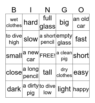 Opposite Adjectives Bingo Card