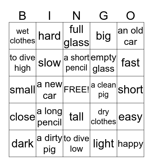 Opposite Adjectives Bingo Card