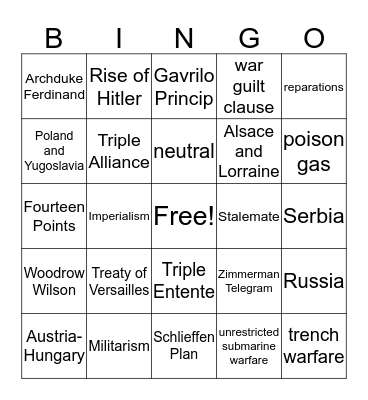 World War I Bingo Card