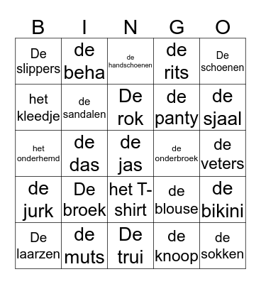 De kleding Bingo Card