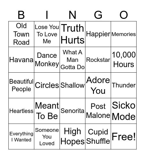 Today's Music Bingo Card