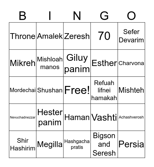 Purim Bingo Card
