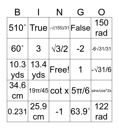 Trig. Ch 10 Review Bingo Card
