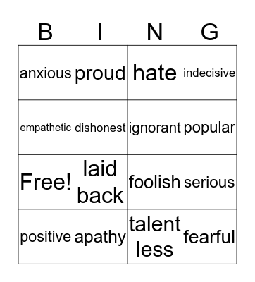 Antonyms: Personality and Emotions  Bingo Card