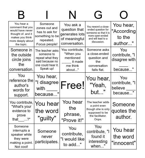 Socratic Seminar Bingo Card