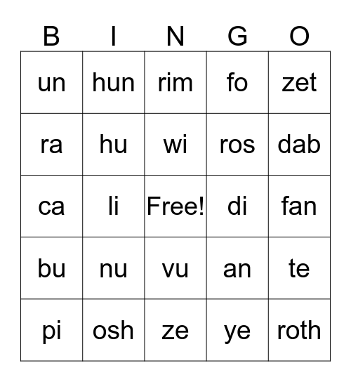 Open and Closed Syllables Bingo Card
