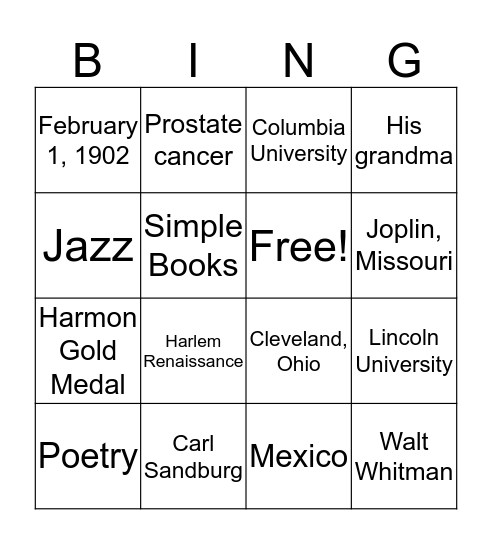 Langston Hughes Bingo! Bingo Card