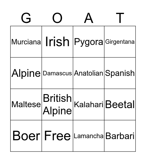 Goat Bingo Card