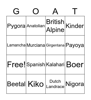 Goat Bingo Card