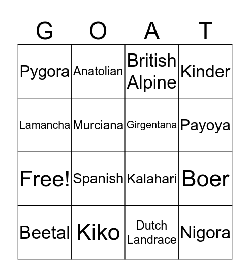 Goat Bingo Card