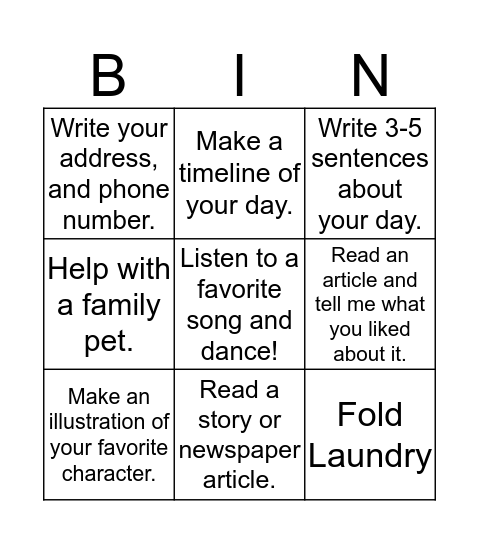 Language Fun! Bingo Card