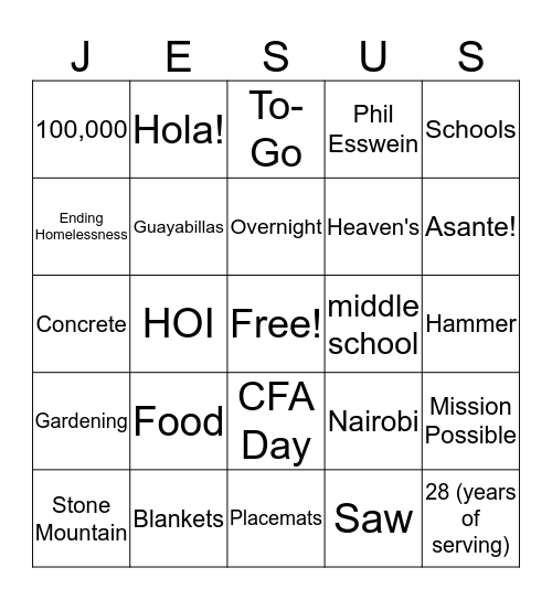 Mission Auction 2020! Bingo Card