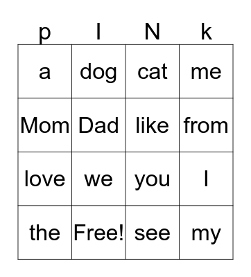 PINK HEART WORDS Bingo Card