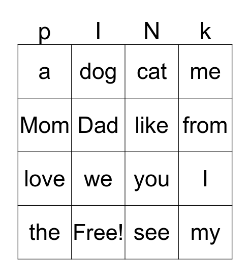 PINK HEART WORDS Bingo Card