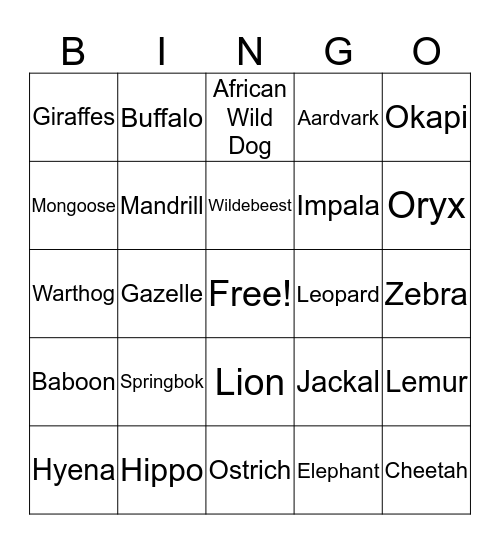 Safari Bingo Card