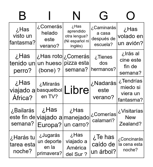Repaso de verbos  Bingo Card