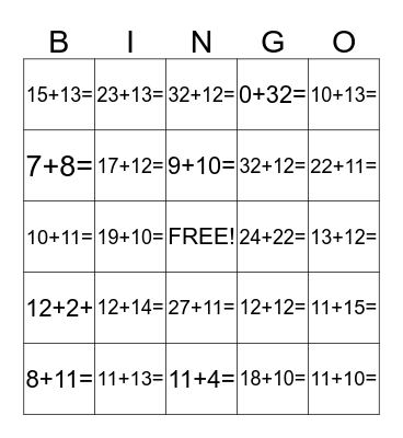 Addition Bingo Card Bingo Card