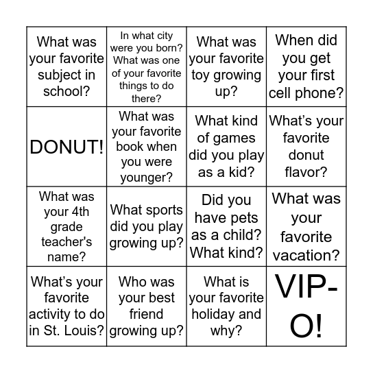VIP-O! Bingo Card