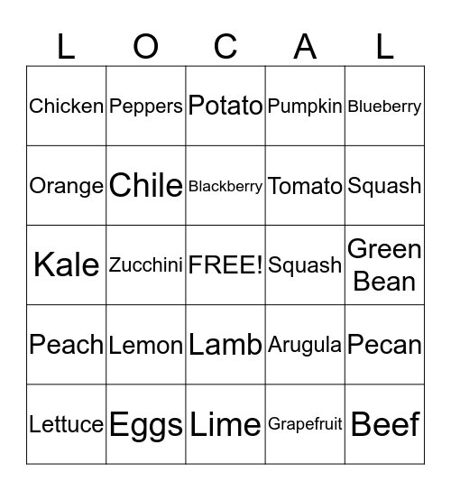 Local Food Bingo Card