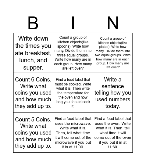 Math E-learning Bingo Card