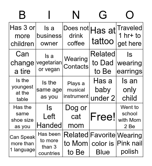 Find someone who matches each clue by talking to other guests.  Call BINGO when you get 5 in a row. Bingo Card