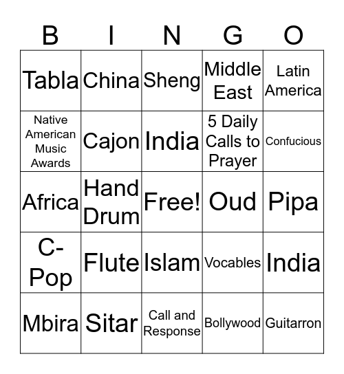 World Music Cultures Bingo Card