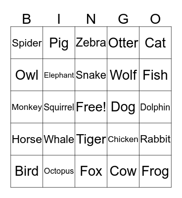 Animal Bingo Card