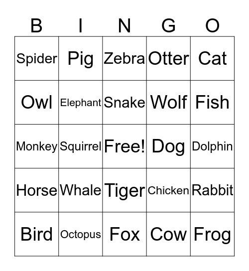 Animal Bingo Card