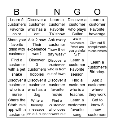 Starbucks Customer Connection Bingo Card