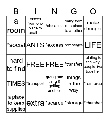 The Life and Times of the Ant Bingo Card