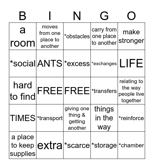 The Life and Times of the Ant Bingo Card