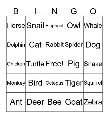 Animal Bingo Card