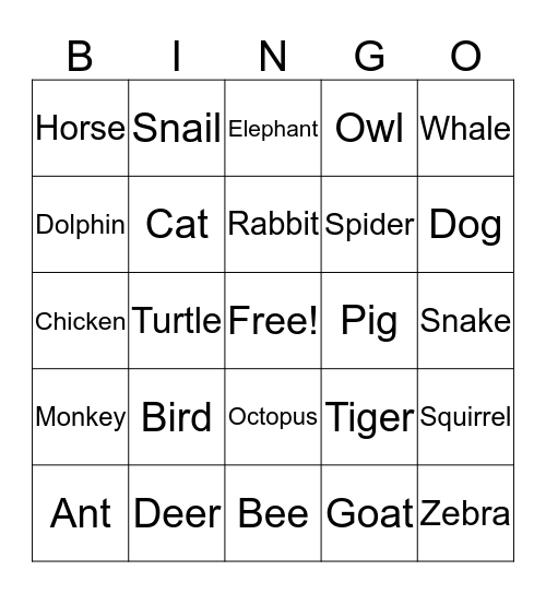 Animal Bingo Card
