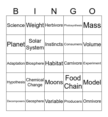 5th Grade Science Vocabulary Bingo Card
