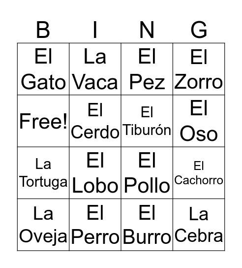 Spanish Animals Bingo Card