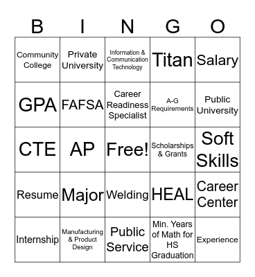 College & Career Bingo Card