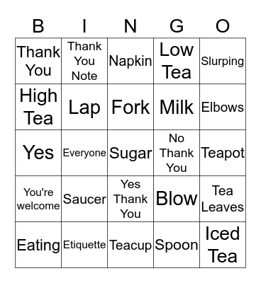 Tea Etiquette bingo Card