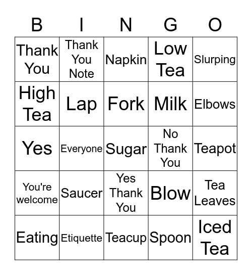 Tea Etiquette bingo Card