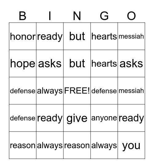 1 Peter 3:15 Bingo Card