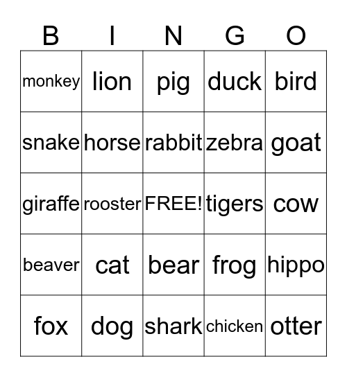 Animals Bingo Card