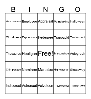 3 Syllable Challenge Bingo Card