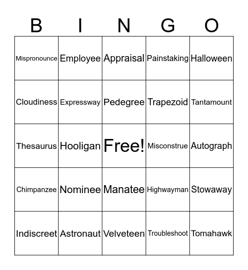 3 Syllable Challenge Bingo Card