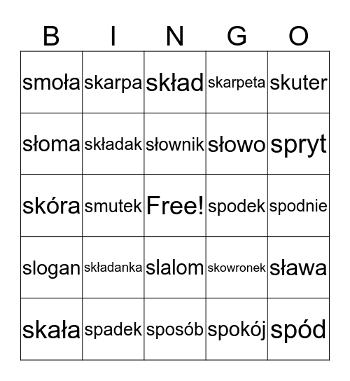 s w nagłosie Bingo Card