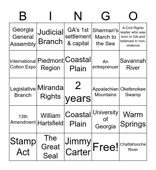 Georgia Studies Bingo Card
