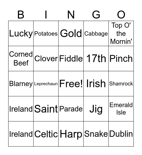 St. Patrick's Day Bingo Card