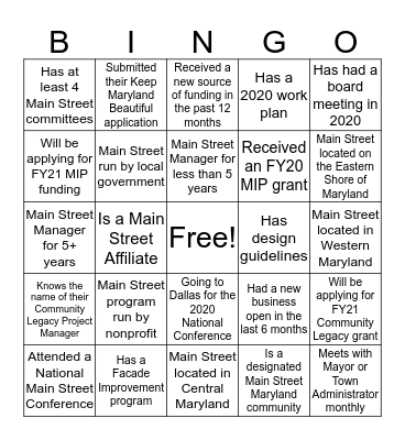 Main Street Maryland Bingo Card