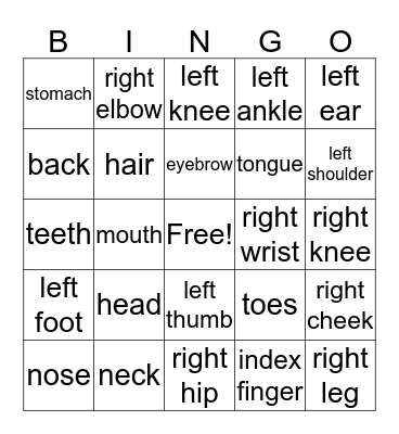 Body Part Bingo Card