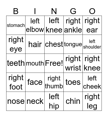 Body Part Bingo Card