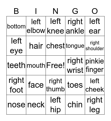 Body Part Bingo Card