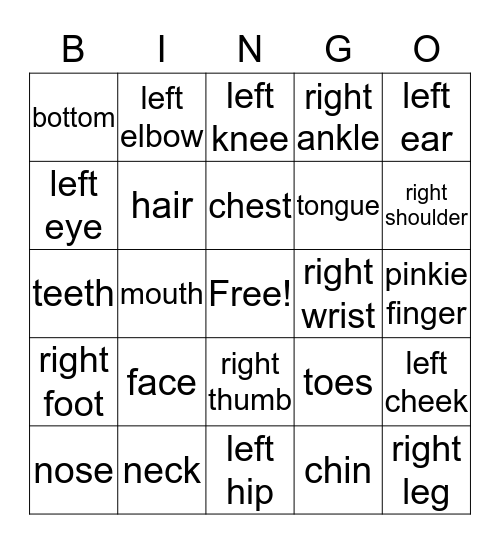 Body Part Bingo Card